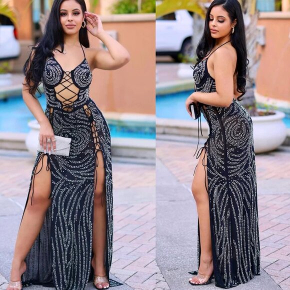 Rhinestone Halter Neck Cami Maxi Dress - Picture 1 of 4